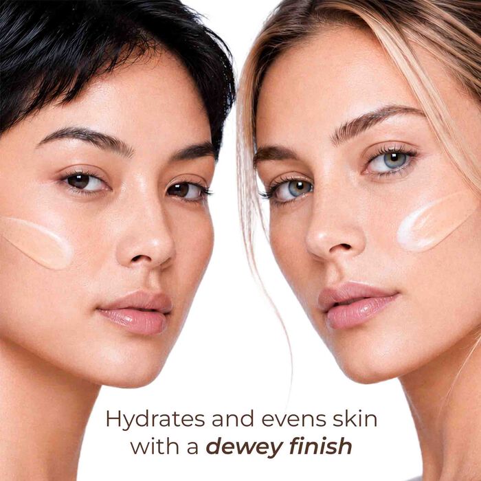 Models wearing Luminess Color Adjusting Tinted Moisturizer SPF Kit showing hydrated skin and a natural dewy finish.